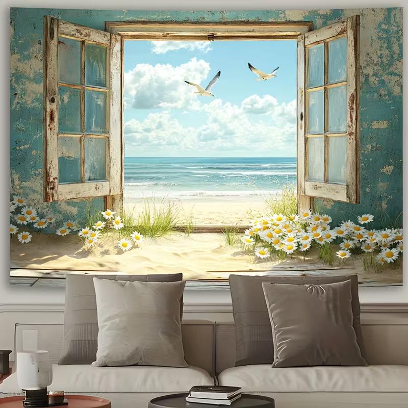 2D Summer Ocean Tapestry, Window View with Beach and Flowers for Home Decoration