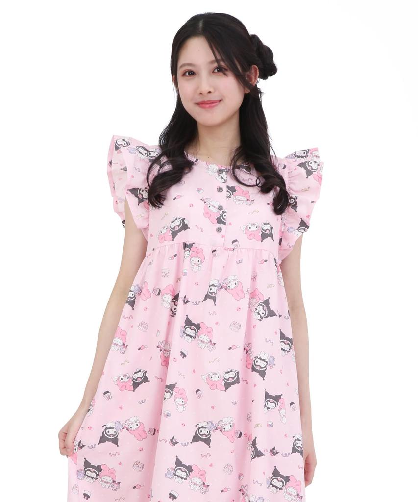 SAZAC Angel My Melody x Kuromi Cotton Dress, 100% Broadcloth, Women's Nightgown/Loungewear (Pink/M-L/SAN1948)