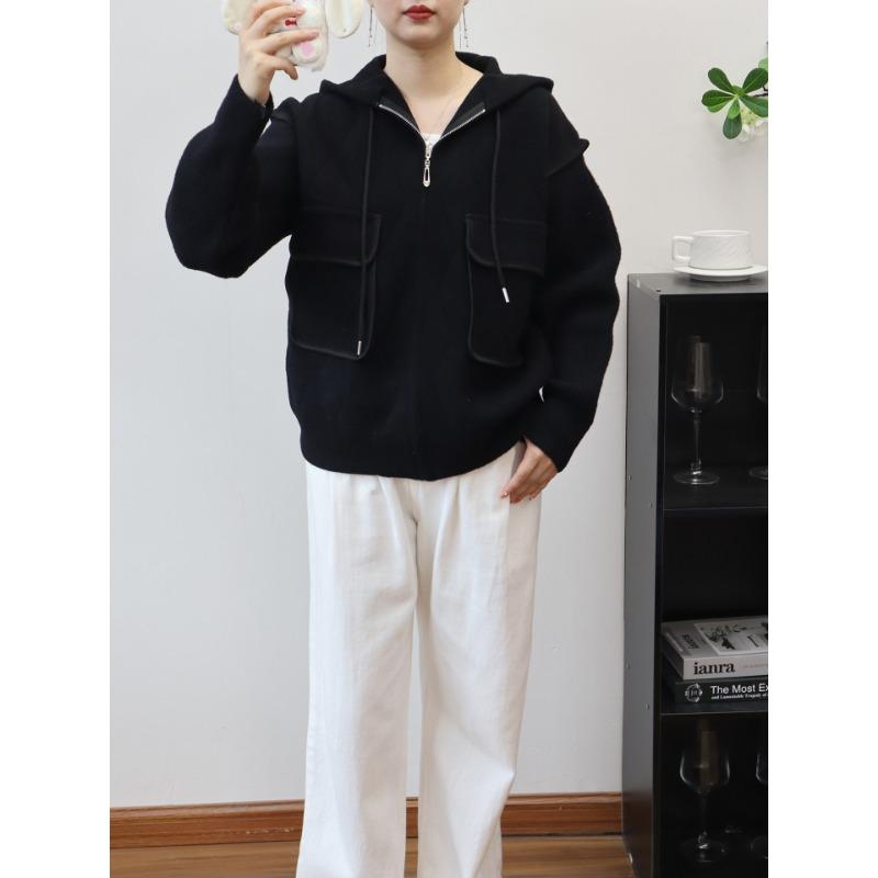 

Осень и зима новый вязаный кардиган из двусторонней шерсти на молнии с капюшоном, свободный, повседневный, универсальный свитер-куртка для женщин One size чёрный