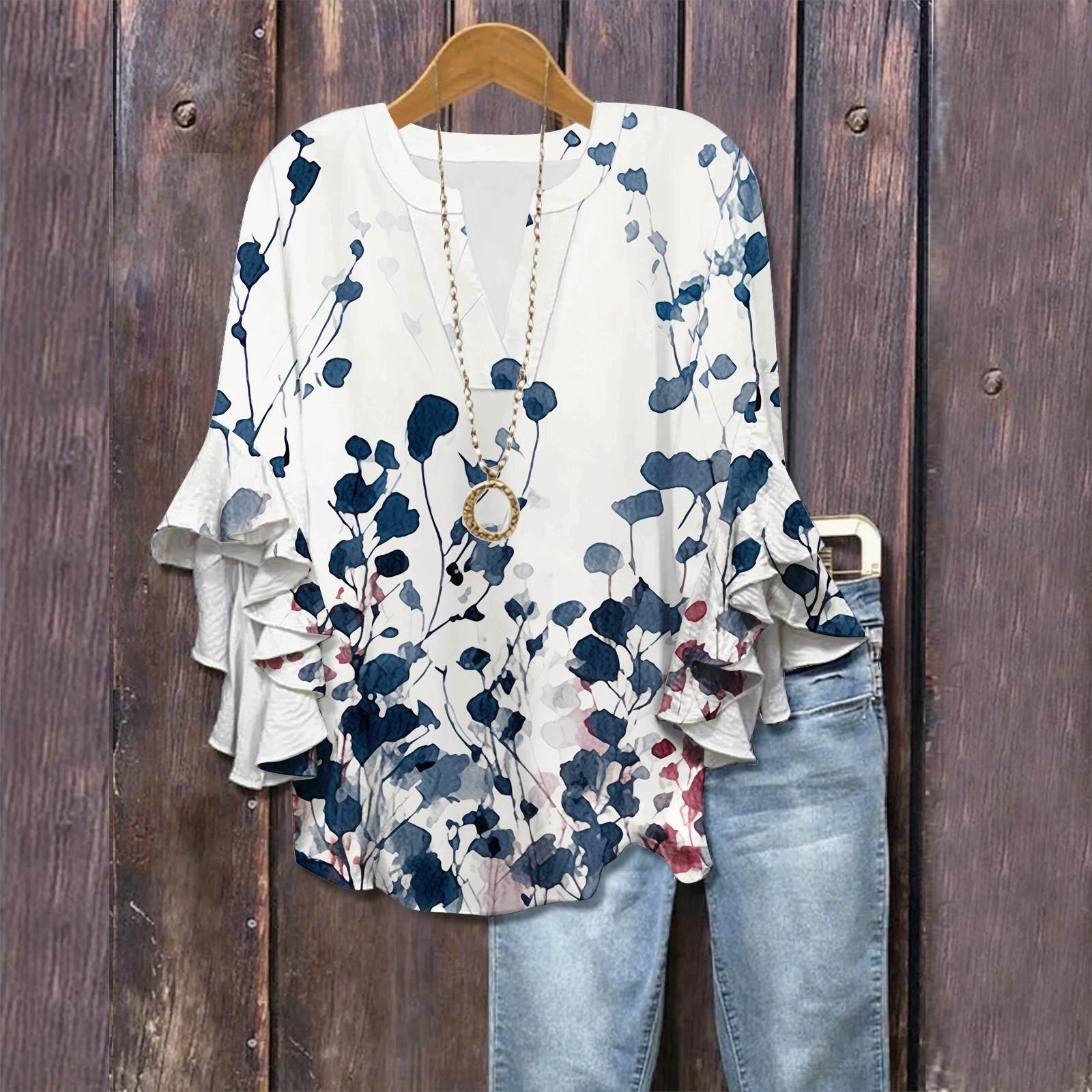 

Сорочки з рукавом 3/4 для жінок Милі футболки з графічним принтом Блузки Повсякденні великих розмірів Базові топи з рукавами-рюшами Пуловер XL Темно-синій