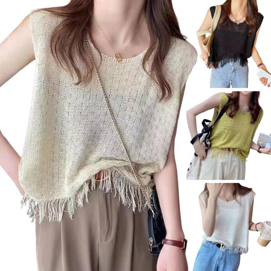 Women Vest Tops Round Neck Sleeveless Tassel Hem Tank Tops Solid Color Loose Fit Knitting Camisole Daily Wear