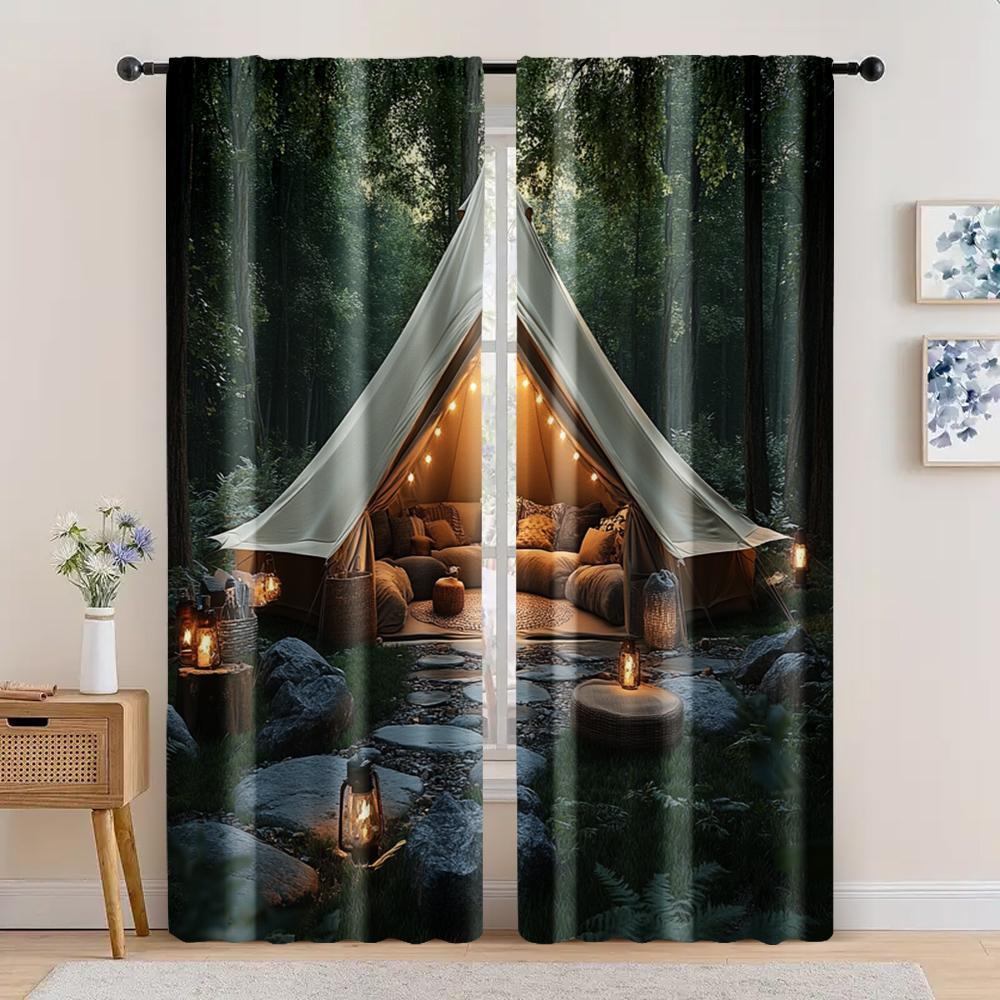 2pc,  Party Curtain Forest Scene Camping Machine Washable Fabric,Without Electricity Festive Backdrops Use for College Dormitory