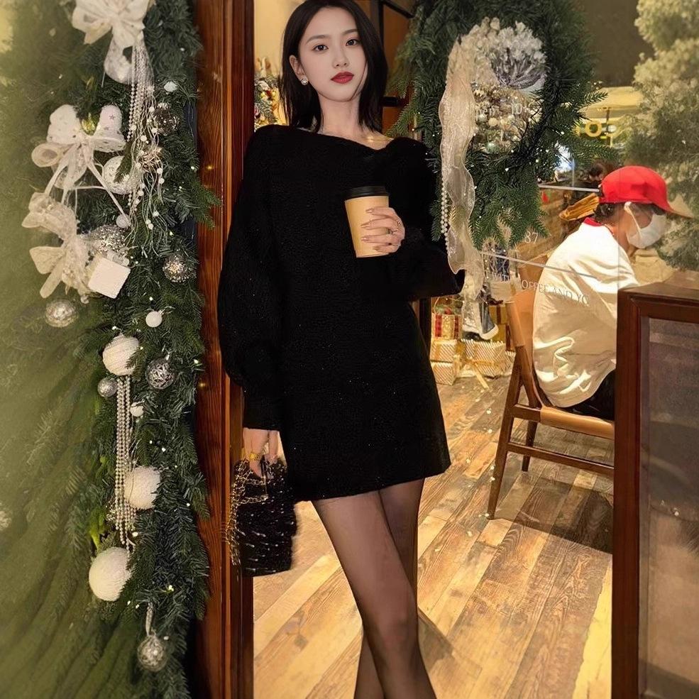 New Year's Little Red Dress Hepburn-Style: Elegant Glitter Knit Dress for Women, Autumn/Winter Collection