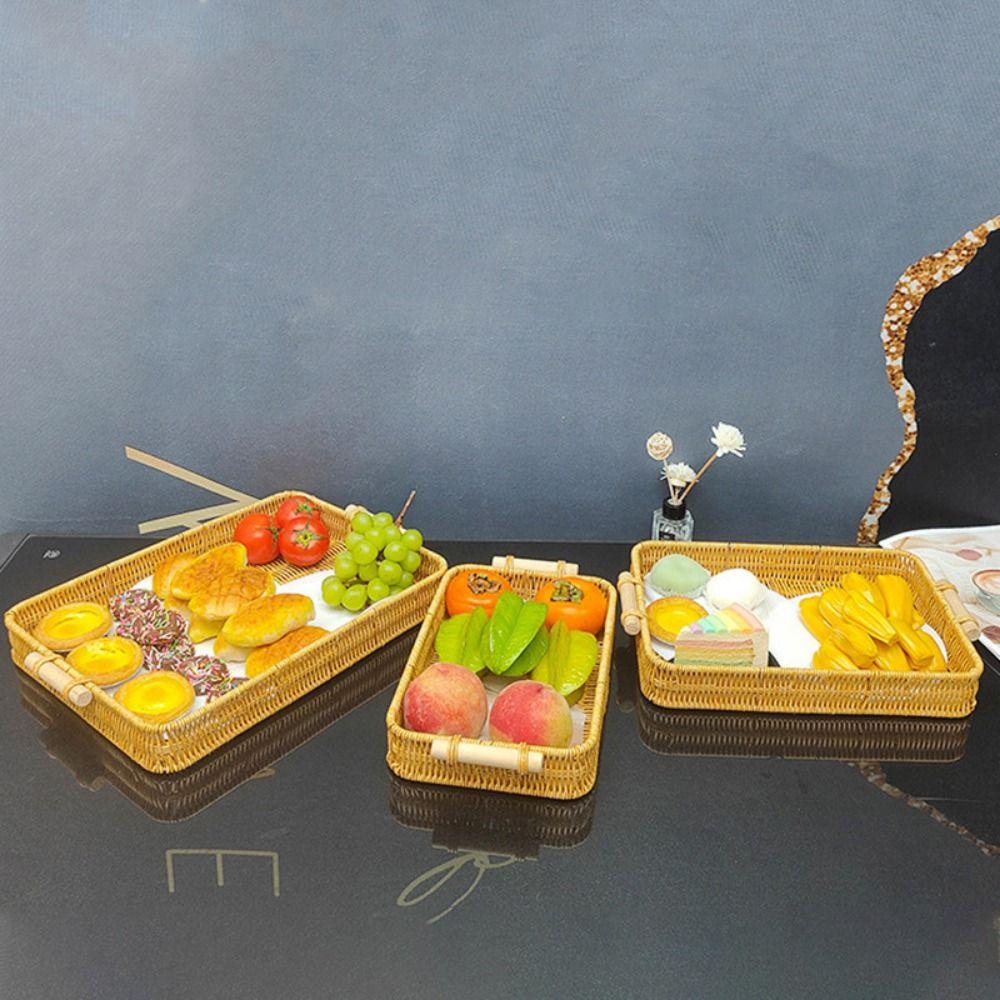 

Plastic Rattan Threads Food Serving Tray Wooden Handle Woven Fruit Platter Kitchen 30*20*5.5cm