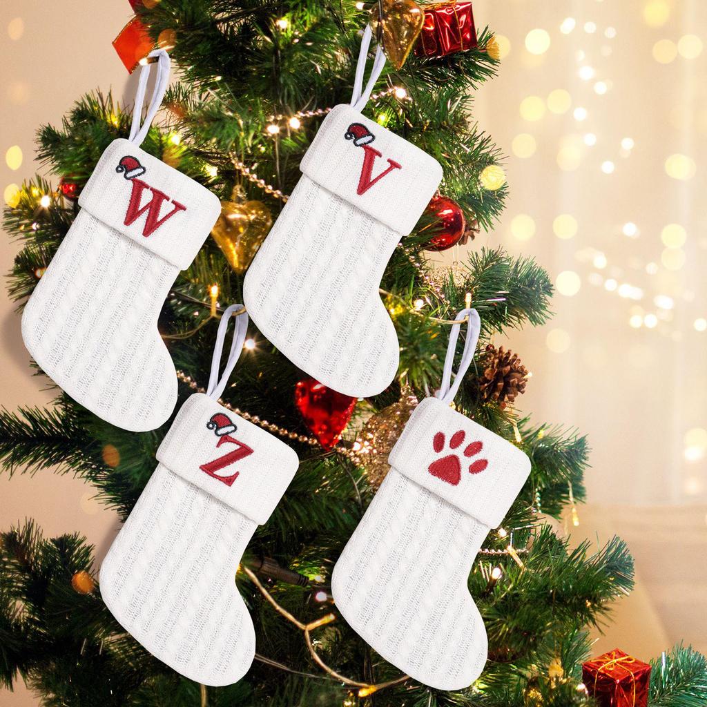 Cross-Border White Knitted Christmas Stocking with Letter Embroidery – Decorative Gift Bag Ornament.