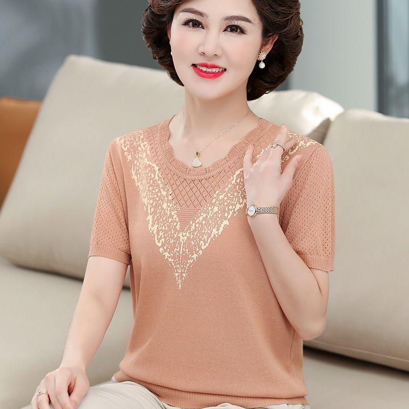 Knitted Short Sleeved Small Shirt Middle-aged and Elderly Women's Summer T-shirt Top
