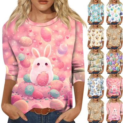 Women's Fashionable Casual Three-quarter Sleeve Easter Print Round Neck Pullover Top