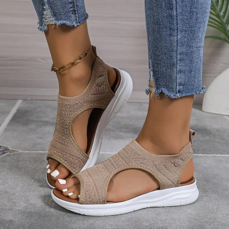 Mode Damen Sommer Stretch Mesh Sandalen Fischform Dicke Sohle Offene Zehen Keilsandalen Damen Leichte Freizeitschuhe Zapatillas Muje