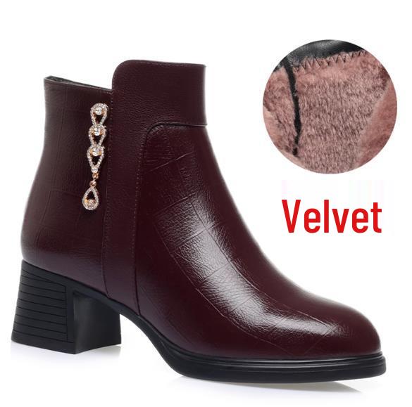 Autumn/Winter 2023 Chunky Heel Ankle Boots - Warm Fleece-Lined Leather Shoes for Middle-Aged Women