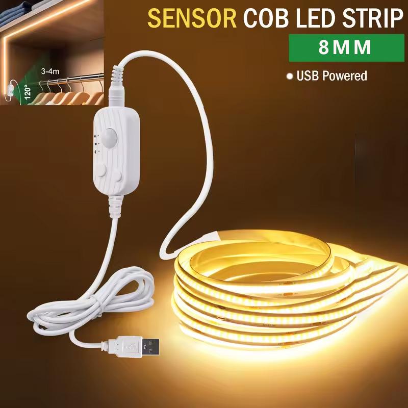 8MM COB LED Strip Light Motion Sensor Dimmable Flexible LED Ribbon USB Powered for Under Cabinet Kitchen Stairs Nightlights