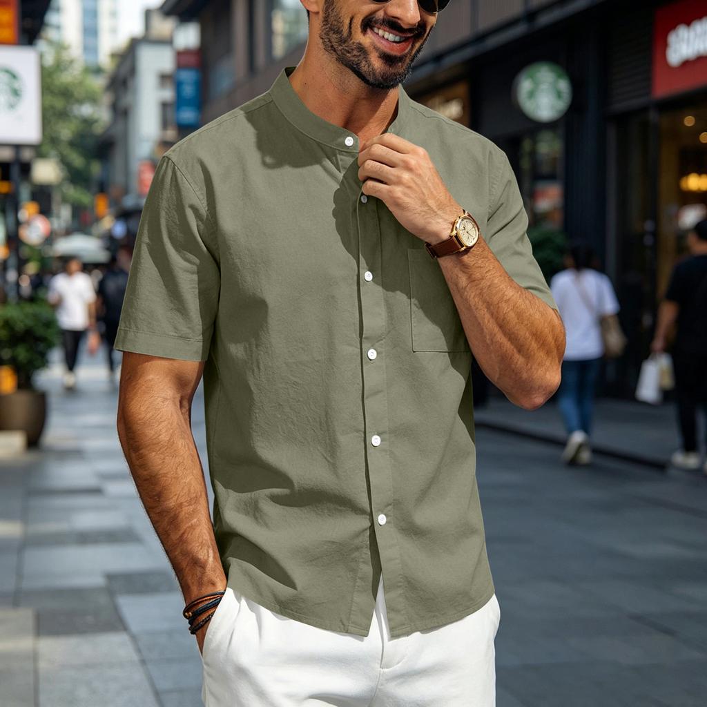 Mens Linen Shirt Short Sleeve Stand Collar Casual Loose Fit Breathable Lightweight Button Down Top with Chest Pocket