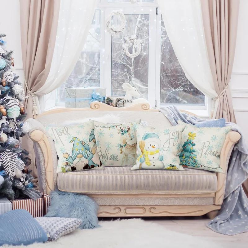 Christmas Pillowcase 20in X 20in 4-piece Set Family Farmhouse Decoration (Tree Snowman Dwarf Deer) Blue