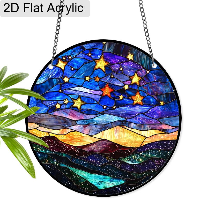

Acrylic Starry Night Sky and Mountains Suncatcher, Stained Glass Style Window Hanging Ornament for Celestial and Landscape Lovers 20cm/7.87Inch