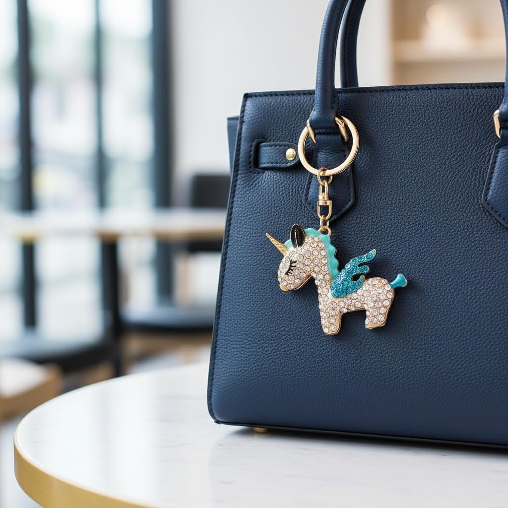 PYNASA Rhinestone Unicorn Keychain for Women, Cute Unicorn Animal Key Holder Accessory, Gift for Car, Backpack, Bag, Tag, Charm, Blue