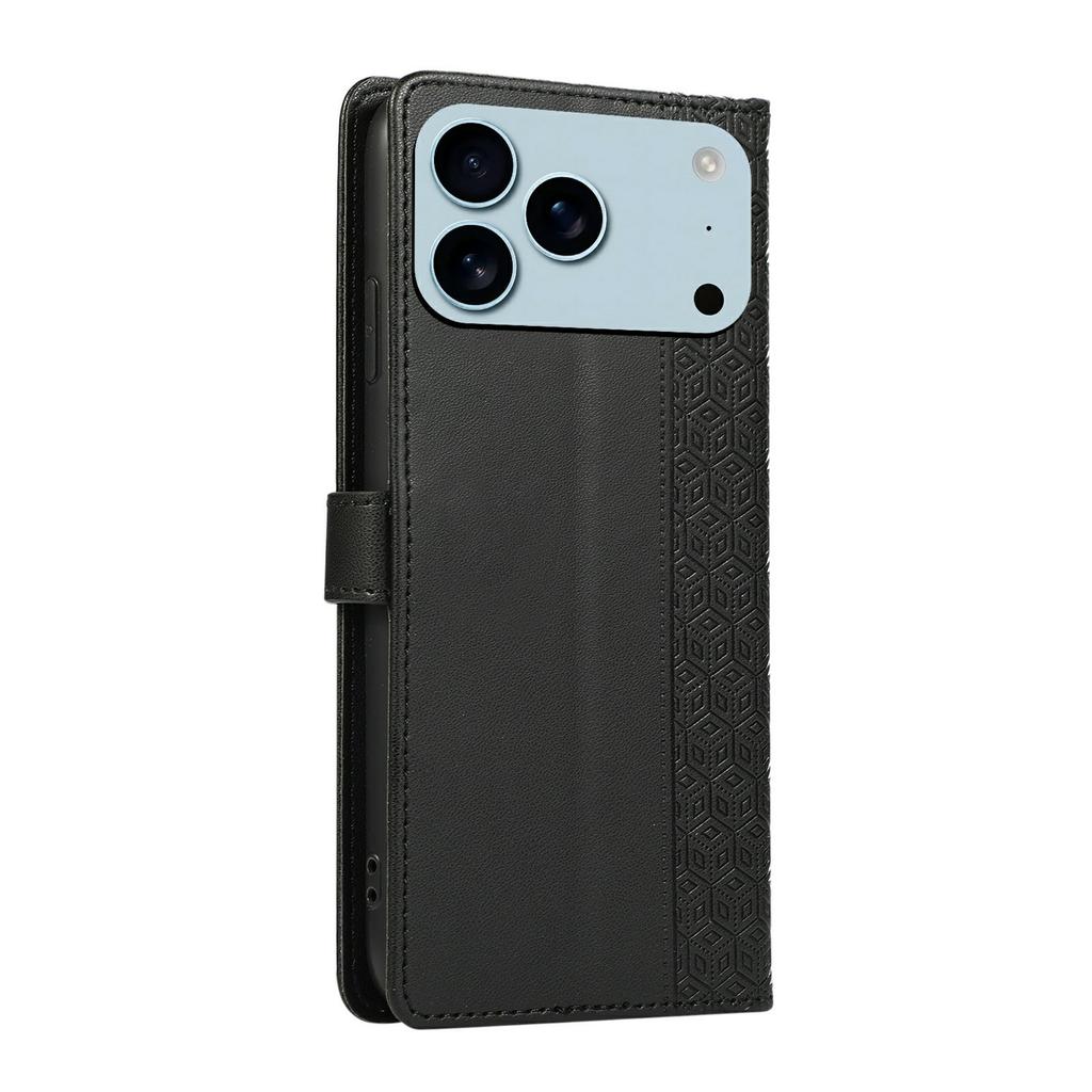 For iPhone 17 Pro Max Case Splicing Imprinted Rhombus Leather Phone Cover with Wrist Strap