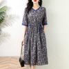 Cotton and linen printed dress women's summer temperament lace-up loose and thin medium and long dress