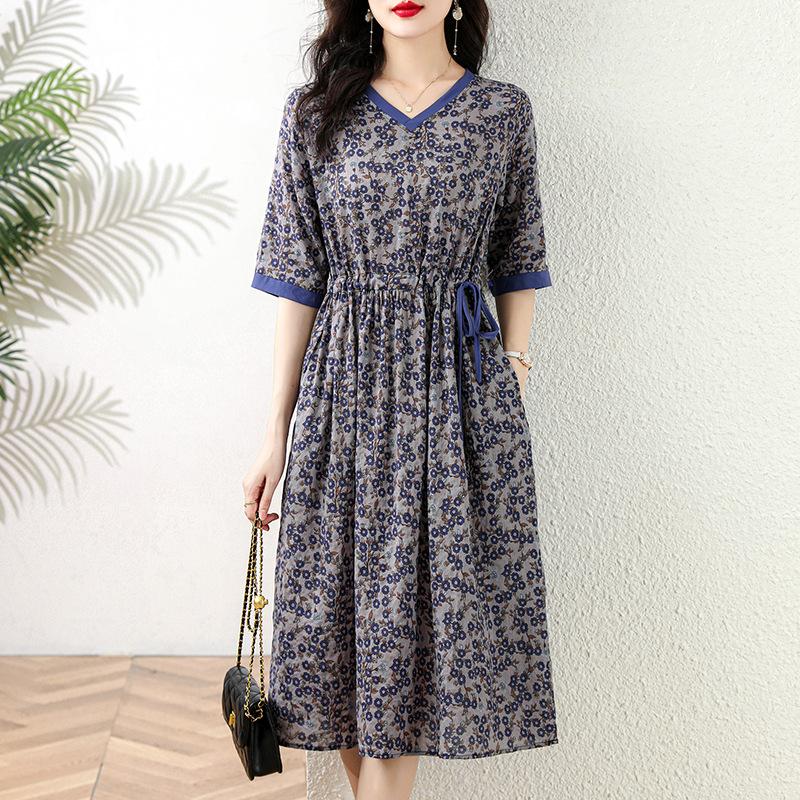 Cotton and linen printed dress women's summer temperament lace-up loose and thin medium and long dress