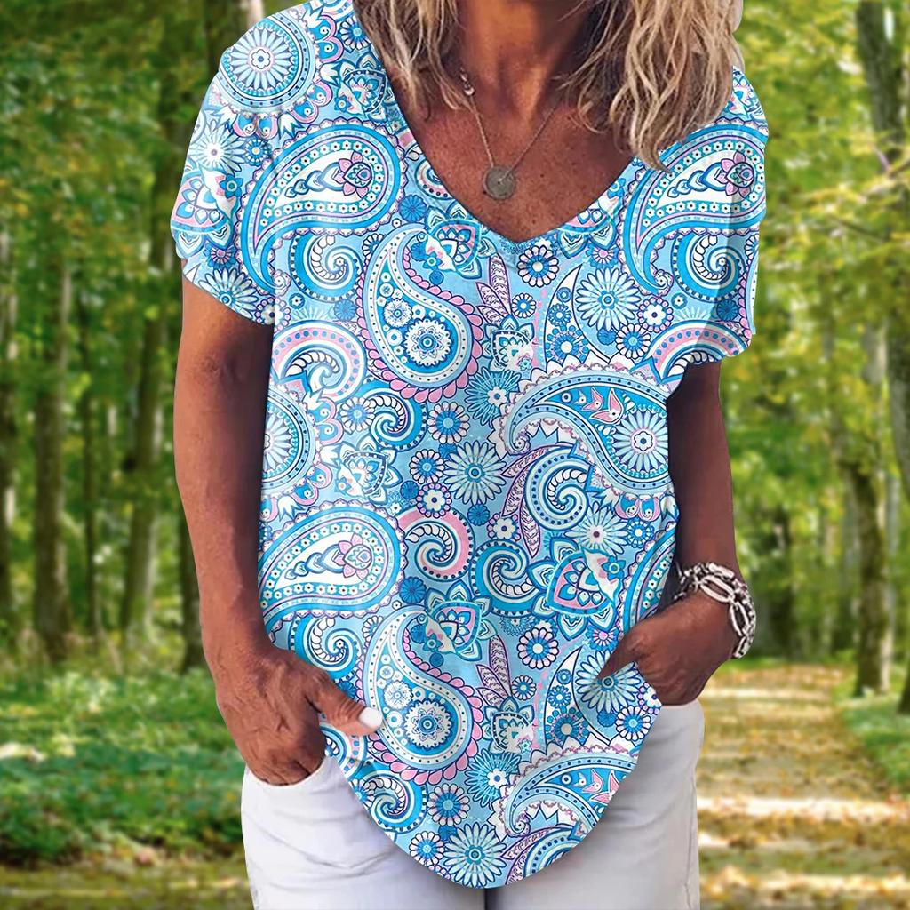 Fashion Women's T-shirt 3D Floral Print Tops Tees V Neck Short Sleeves Female Clothes Summer Large Size T Shirt Woman Clothing