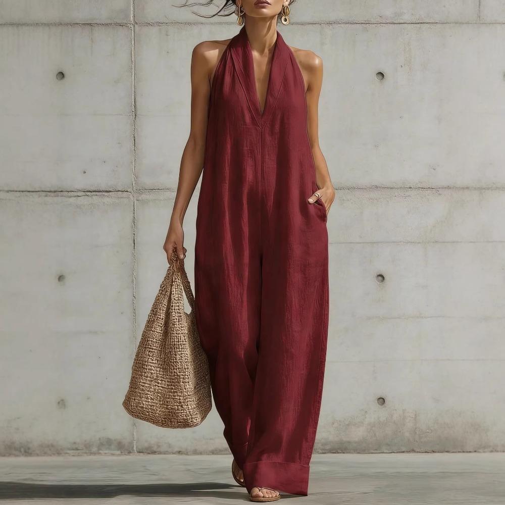 Women's Halter Neck Sleeveless Loose Wide Leg Jumpsuit Casual V Neck Polyester Jumpsuit
