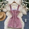 Podzim Jaro Dámské Ležérní Jednořadé Špagetové Ramínko Kostkované Tweedové Mini Krátké Šaty pro Studentku