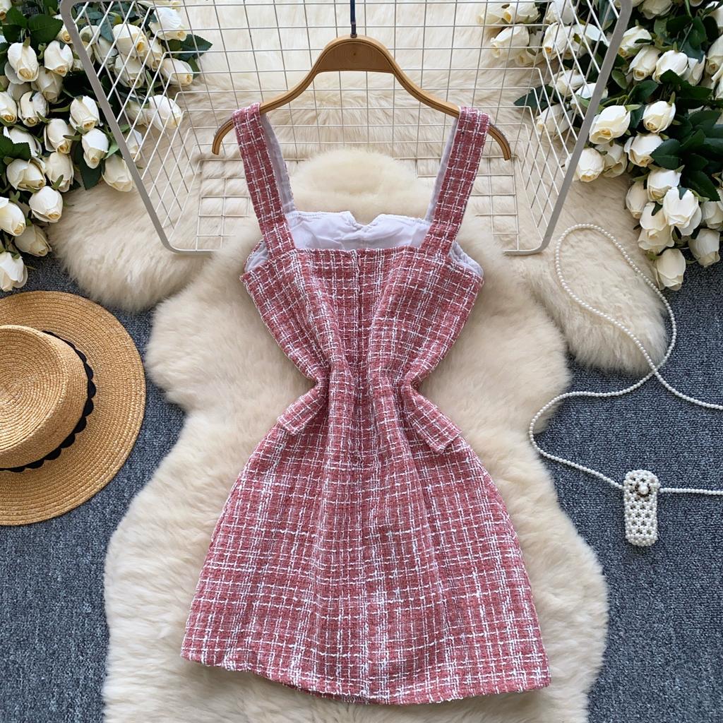 Podzim Jaro Dámské Ležérní Jednořadé Špagetové Ramínko Kostkované Tweedové Mini Krátké Šaty pro Studentku
