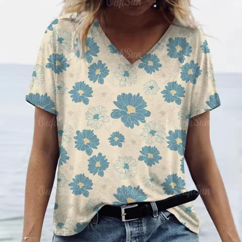 New Floral Print T-shirt for Women Summer V-Neck Casual Short Sleeve Tees Female Loose Streetwear Fashion Daily Clothing Tops Oversized Ladies Tops