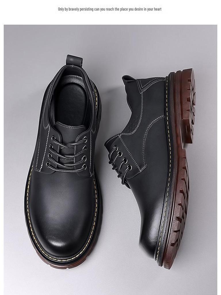 Men's Leather Thick-Soled Casual Derby Shoes for Spring/Autumn - Formal Black Low-Top Martin Boots