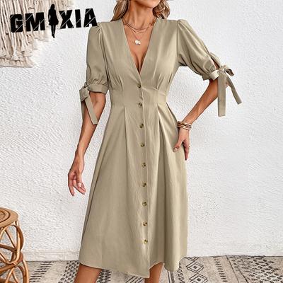 Women's Fashion Summer Spring Solid Color Print Short Sleeve V-Neck High Waist Casual Dresses