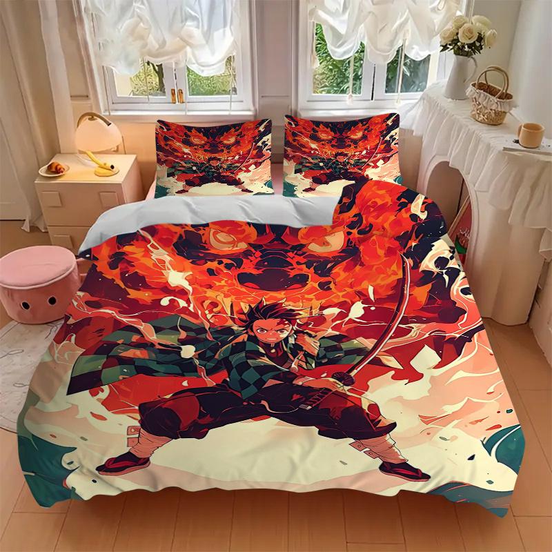 3pcs Demon Slayer Tanjiro's Quilt Cover Set - Soft & Comfortable Polyester Fabric, All-Season Breathable Comforter Set For 1 Quilt Cover & 2 Pill