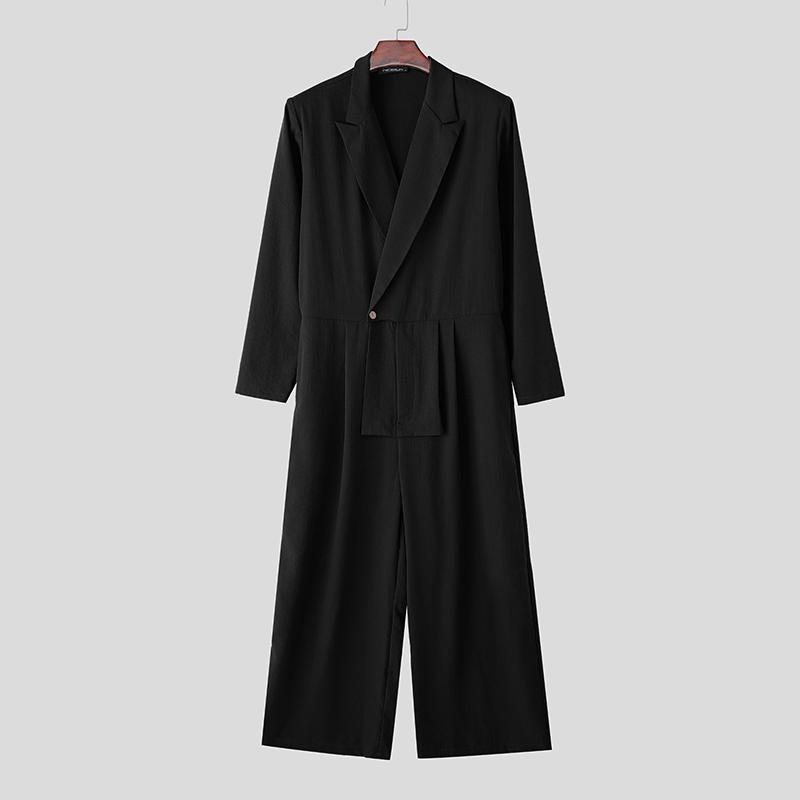 

INCERUN Plus Size Men Notched Lapel V Neck Long Sleeve Solid Loose Long Rompers Jumpsuits M чёрный
