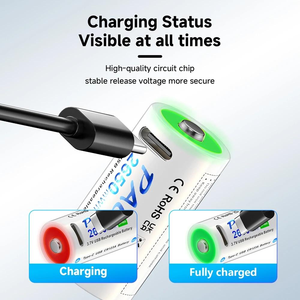 PALO Rechargeable Lithium 16340/16350 USB Battery 3.7V CR123A Batteries 2650mAh+USB Charging Cable