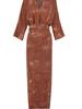 Elegant Burgundy Silk Wrap V-Neck Dress with Mid Sleeves