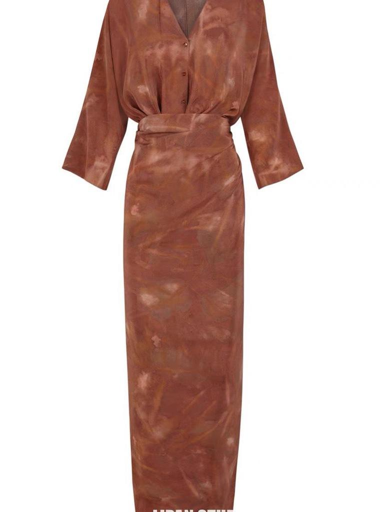 Elegant Burgundy Silk Wrap V-Neck Dress with Mid Sleeves