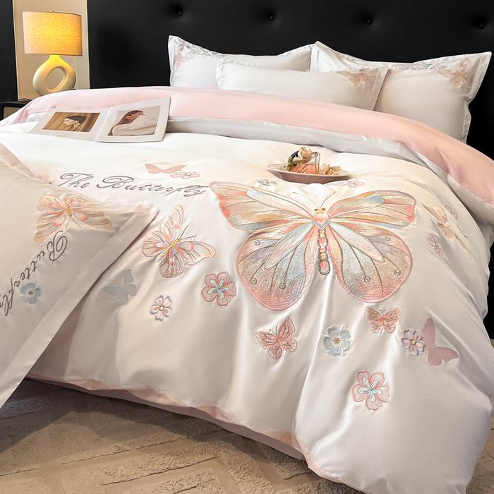 Light Luxury 100% Cotton Embroidered 4-Piece Bedding Set with Rounded Corner Sheets