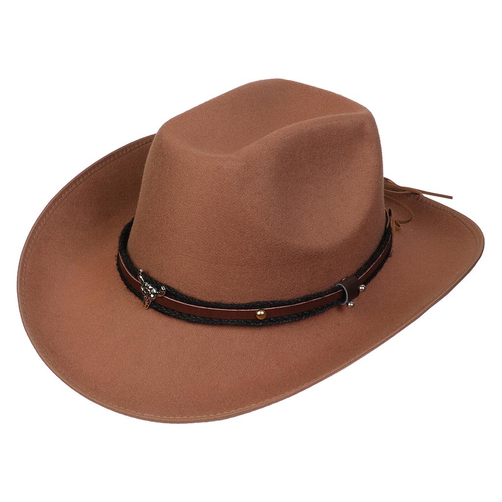 Unisex Western Cowboy Hat Wide Brim Roll‑Up Brim Double‑Top Felt Fedora Hat,10 Colors,Multiple Optional Detachable Hat Bands
