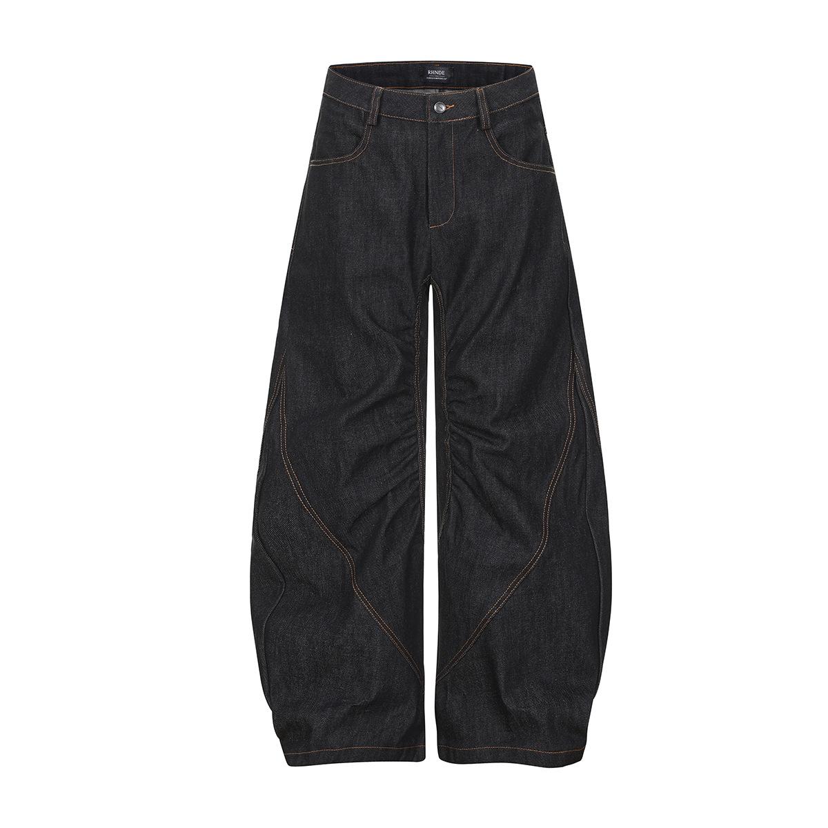 European, American high street RO wind cross embroidery personalized scimitar jeans loose wide-leg pants S