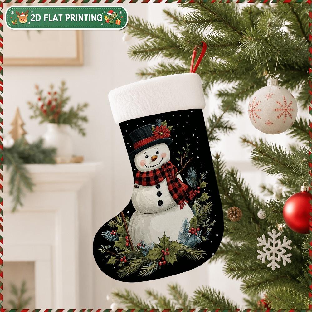 Christmas Decoration Fireplace Hanging Stocking 1pc 2D Flat Christmas Snowman In Top Hat Christmas Stocking Decoration -