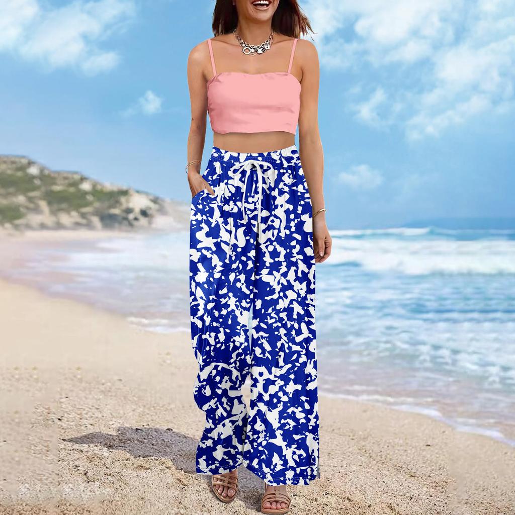 Women Summer Boho Palazzo Pants High Waist Wide Leg Floral Printing Casual Trousers With Pockets