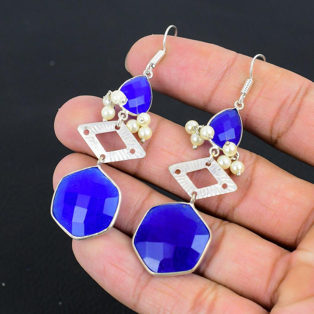 Daughters Day Deal Blue Sapphire Stone Trendy Drop Earrings 925 Sterling Silver