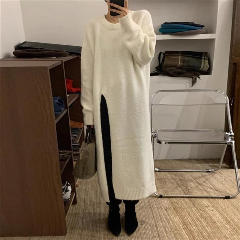 Lazy Wind Crew Neck Pullover Sweater Skirt Women's Loose Over Knee Long Side Split Knitted Sweater Dress Top