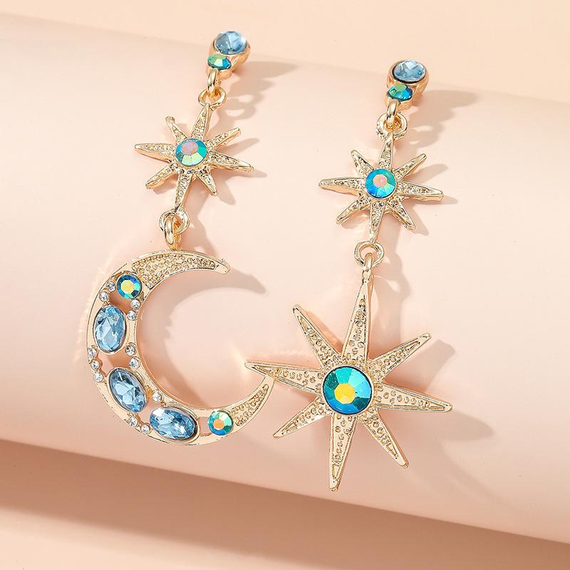 

Asymmetrical Stars and Moons Crystal Tassel Eardrop Earrings one size