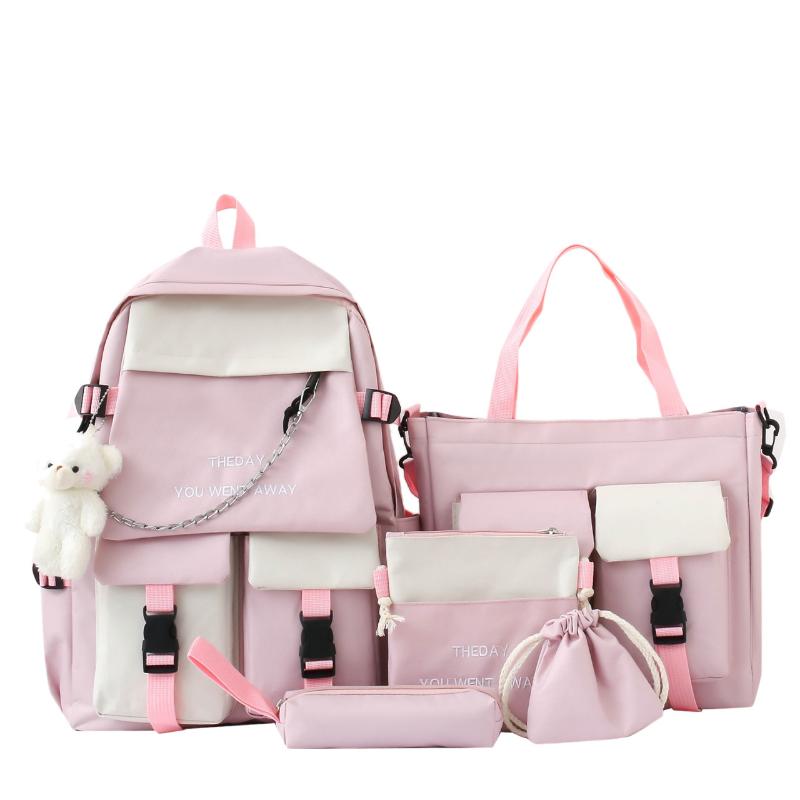 Mittelschulrucksack mit Bärenanhänger, hohe Kapazität, Campus-Rucksack, Kontrastfarbe, für Herren und Damen, 5-teiliger Rucksack, Umhängetasche, Umhängetasche, Federmäppchen