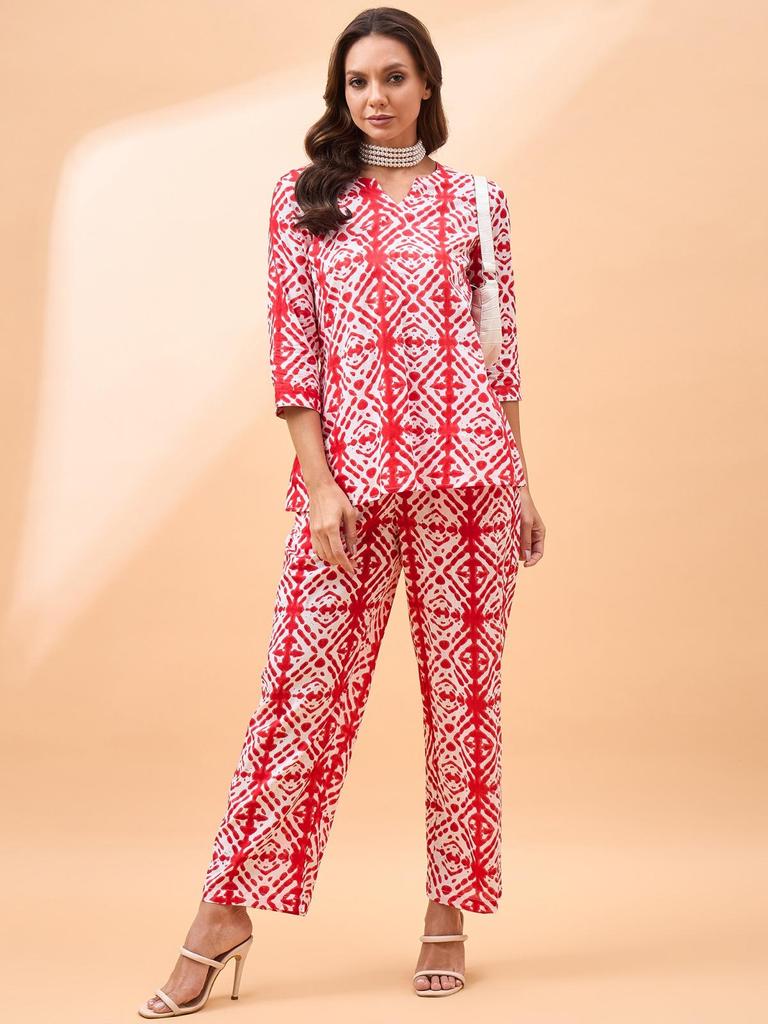 Geometric Printed Pure Cotton Notch-Neck Top With Trousers Co-Ords In Pink Color
