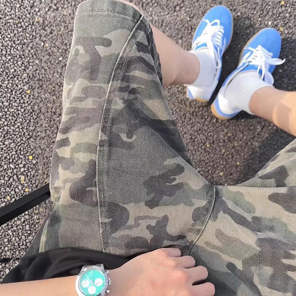 American high street slack ripped jeans men's new men's high waist light color straight loose pants