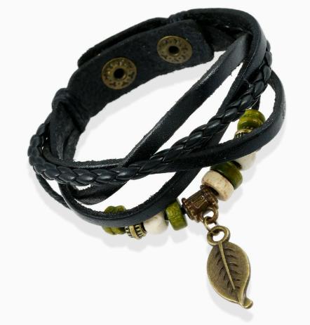 Women's Retro Cowhide Leather Bracelet with Leaf Pendant for Casual Everyday Jewelry