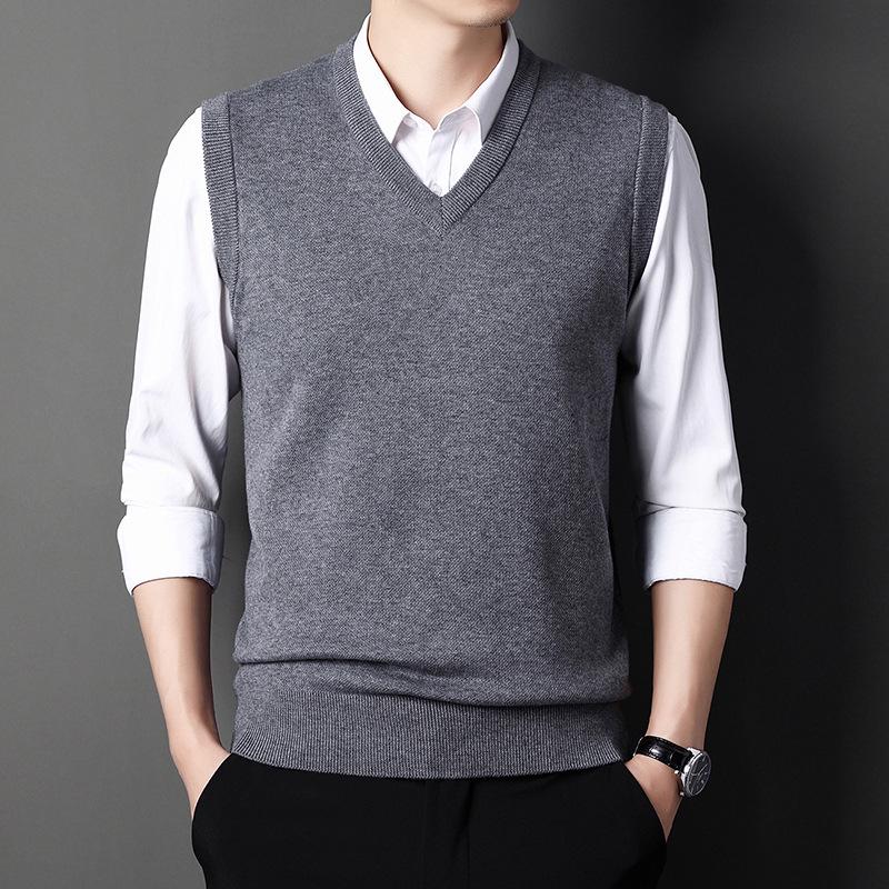 Men's V-Neck Knitted Vest: Thick Sleeveless Sweater for Autumn/Winter - Solid Color, Middle-Aged Business Style