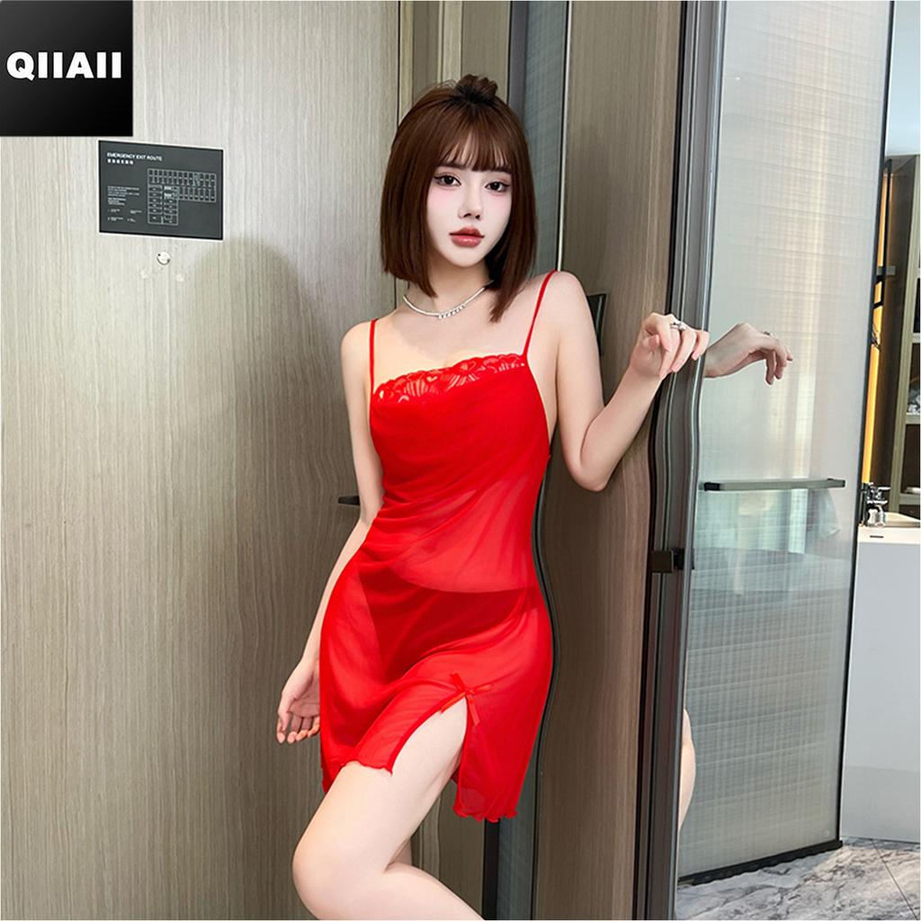 Seductive Lace-Trimmed Plunge Neckline Sexy Slip-On Slit-Front Light Luxury Mesh Nightgown Robe Loungewear Erotic Clothing Sensual Set