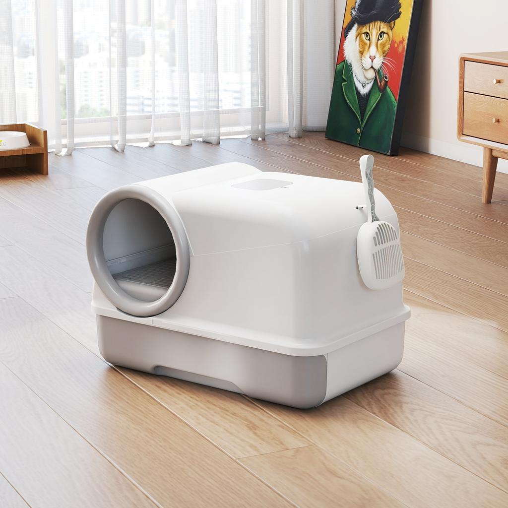 Enclosed Cat Litter Box with Tray, Scoop and Deodorant Bags, in PP, 59x39.5x39.5 cm, White and Grey