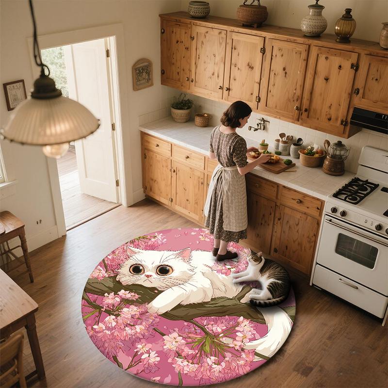 Floral Cat Round Area Rug,Carpet Rug for Living Room Bedroom Sofa Playroom Decor,Non-slip Floor Mat