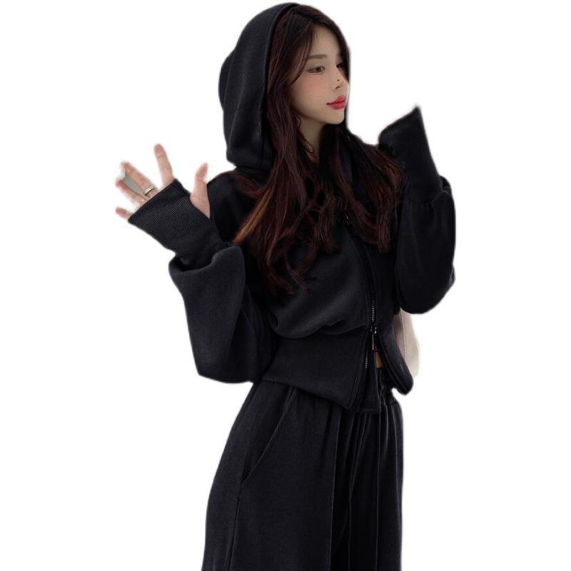 Early Autumn Sporty Double-Zip Hoodie & Drawstring Ankle-Tie Pants Set for Women